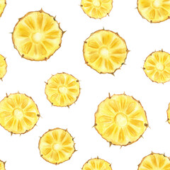 Round yellow pineapple slices watercolor seamless pattern isolated background. Hand painted sunny tropical cross section fruit illustration. Repeat ornate for kitchen textile, summer party decoration