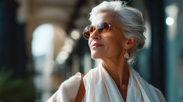 Woman with grey hair wearing sunglasses, looking upwards. Elegant lady on city street. Retirement and senior lifestyle concept.