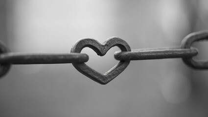 Close up of a heart shaped link in a metal chain in black and wh