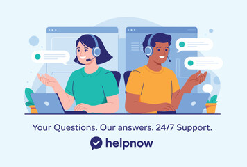 female and male customer service operators wearing headsets talking with clients and helping solve problems, vector 