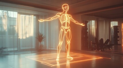 A modern home gym setup with a glowing AI-powered fitness mirror, user mid-squat receiving real-time posture correction feedback via holographic skeleton overlay.