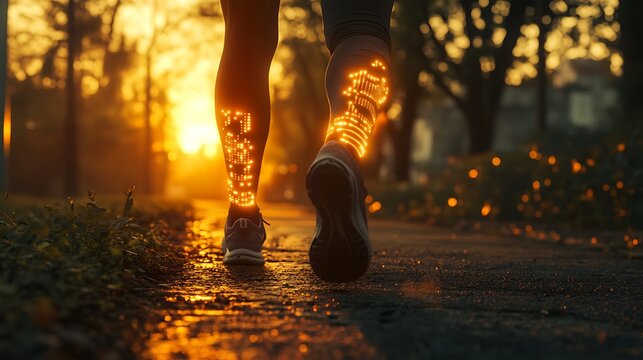 A runner mid-stride on an urban path, digital tattoo on calf glowing with motion and heart rate tracking, smart watch syncing live stats. Early morning sunlight casting long shadows.