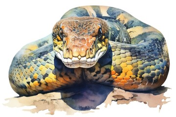 Fototapeta premium Anaconda watercolor reptile animal snake.