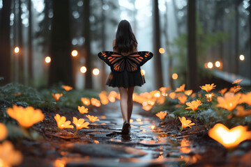 Woman with butterfly wings walking through an enchanted meadow with glowing flowers