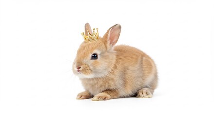 Obraz premium Adorable bunny rabbit wears tiny golden crown against bright white background. AI Generated