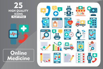 Online Medicine Flat Icon Set. Incleded Icons Phone, Question and answer, Robot, Shop, Webcam, Emergency Call, Website, Heart Rate, Ambulance. Vector Icons Collection