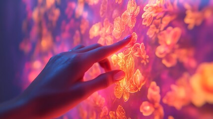 Close-up of a hand touching bioluminescent painted wall, colors transitioning based on warmth and air quality, microscopic plant patterns visible, glowing softly in dim indoor light.