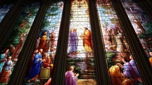 Detailed stained glass window depicting religious scenes and figures in vibrant colors and antique style, viewed from a low angle.