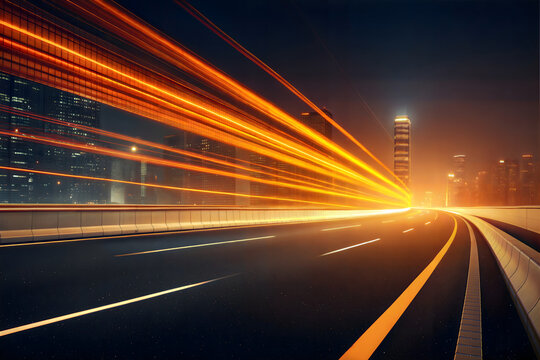 Futuristic highway with fast motion light trails at night in modern city, high speed concept with glowing orange streaks