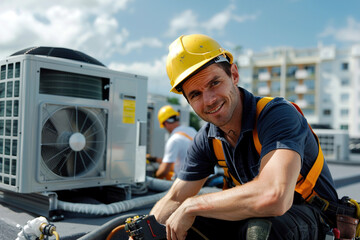Two maintenance workers in safety gear fixing air conditioning system on rooftop with cloudy sky