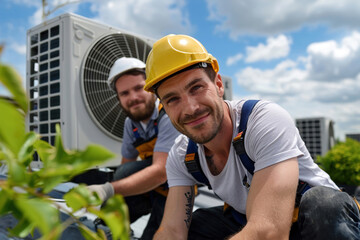 Rooftop air conditioning maintenance: technicians in safety gear repairing unit with bright blue sky