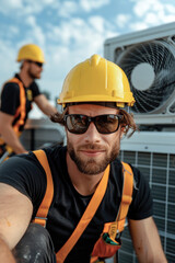 Rooftop air conditioning maintenance: technicians in safety gear repairing unit with bright blue sky
