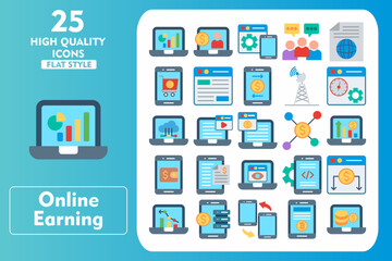 Online Earning Flat Icon Set. Incleded Icons Growth Chart, Video Website, Mobile App Developer, Svg, Growth Chart, Mobile Data Restore. Vector Icons Collection
