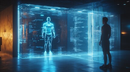 Futuristic personal training session where a holographic coach steps out from the AI mirror, interacting with the user while data floats between them. Created Using: sci-fi fitness concept,