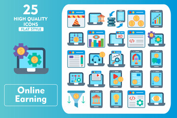 Online Earning Flat Icon Set. Incleded Icons Website Under Construction, Online Banking, Data Storage, Svg, Business Graph, Cryptocurrency Web. Vector Icons Collection