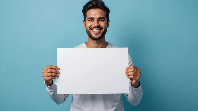 Happy bearded man holding blank white poster in front of blue wall and smiling. Concept of advertising and message communication