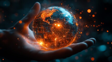 Hand holding a miniature Quantum Leap Drive over a digital globe, entangled information threads shooting from device into various locations across the world.