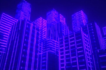 Neon city structures reaching the dark sky