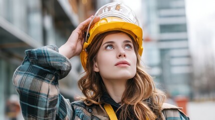 A focused young woman wearing a hard hat, contemplating her next move on a construction site, showcasing determination.