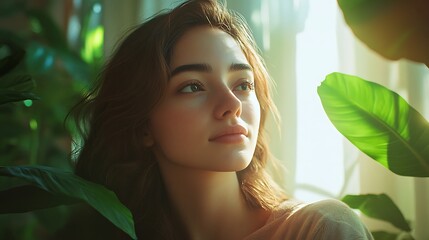 Lifestyle shot of a young woman waking up naturally to soft light from the AI Mood Clock, curtains opening via smart automation, mood interface gently pulsing green.