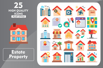 Estate property Flat Icon Set. Incleded Icons Skylines, Shop, Home Renovation, Double Story House, Location, Library, Modern Elevator. Vector Icons Collection