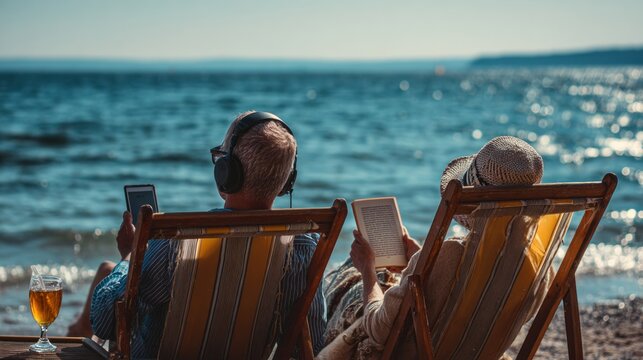People on vacation with their portable device used for relaxation. Elderly couple lounging on beach chairs, reading and listening to music by the sea, peaceful retirement.