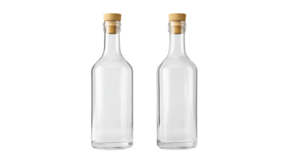 Two Empty Transparent Glass Bottles Standing Side by Side Isolated on White Background