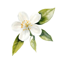 Elegant White Jasmine Flower Bloom With Green Leaves Isolated