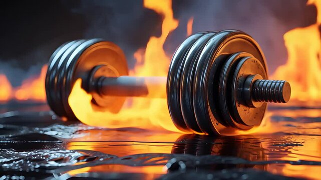 Heavy metal dumbbell on wet gym floor surrounded by dramatic flames, reflecting intense lighting in a high-energy fitness training concept

