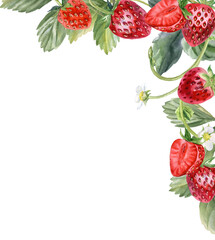 Watercolor illustration of corner with juicy strawberries and foliage decorating. Suitable for postcards, invitations, banners, birthday parties, printed products