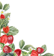 Watercolor illustration of corner with juicy strawberries and foliage decorating. Suitable for postcards, invitations, banners, birthday parties, printed products