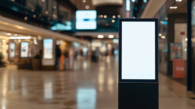 Digital signage kiosk, blank white screen or empty display mockup, modern vertical stand for advertising, info or wayfinding, smart interactive tech for retail, simple promo