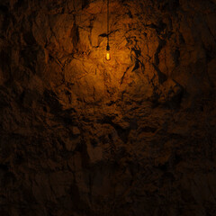 Dark Stone Wall with Edison lamp Lighting 3D Rendering