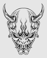 japanese oni mask illustration in black and white style