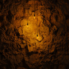 Dark Stone Wall with Edison lamp Lighting 3D Rendering