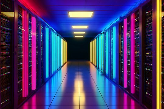Colorful data center server room hallway