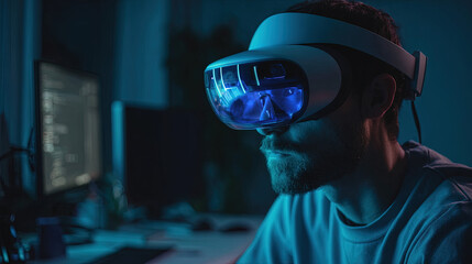 Virtual reality meeting with diverse professionals using VR headsets, futuristic office setting, collaboration and innovation