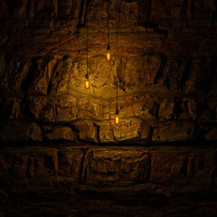 Dark Stone Wall with Edison lamp Lighting 3D Rendering