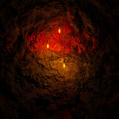 Dark Stone Wall with Edison lamp Lighting 3D Rendering