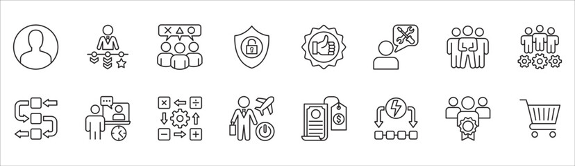 Business and management icon set. Contains symbol of businessman, target, leadership, progress, holiday, data, stock, market, accounting, training, resource, finance, service. Vector illustration