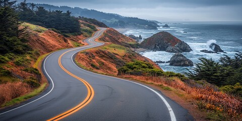 Dramatic coastal highway vista along the Pacific with winding roads and scenic views