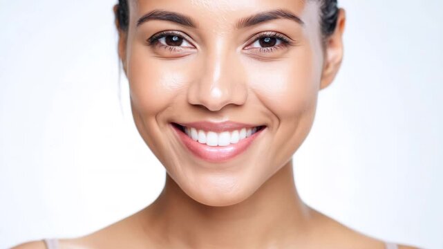 closeup portrait of smiling young caucasian woman with shiny skin and bleached teeth on white backdrop. stomatology, dental care, hygiene, skincare. female headshot, orthodontic advertisement