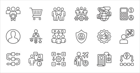 Business company and Management icon set. Contains symbol of teamwork, target, market, global, success, customer service, leadership, holiday, asset, meeting, entrepreneur. Vector illustration