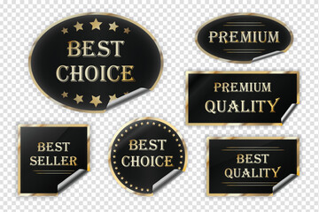 Obraz premium Black and golden Best Choice, Premium, Best Seller, Best Quality and Premium Quality labels (stickers) with gold stars and wrinkled edges, vector (EPS) illustration, adhesive labels set