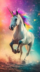 Naklejka premium Running Unicorn with Rainbow Mane on Fantasy Landscape