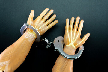 Handcuffs are placed on the hands of a mannequin. Law and order concept
