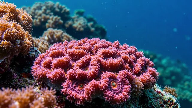 Close-up of vibrant pink coral in ocean. Rich marine ecosystem.