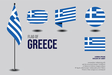 Set of Greece flag in 5 designs: flag on pole, brush stroke, skew, round and standard. vector, flat, isolated on grey background. Perfect for various design projects
