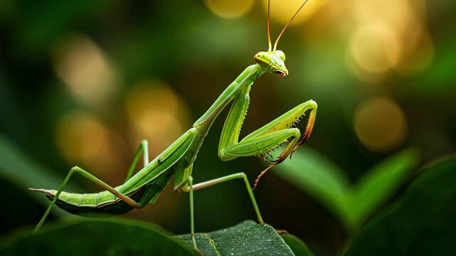 Close-up of a vibrant green praying mantis on foliage, in nature.