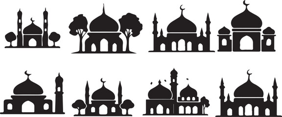 Islamic Mosque Silhouette Icon Set – Vector Illustrations of Masjid Domes and Minarets in Black osque vector, masjid icon, Islamic architecture, Muslim prayer, dome and minaret silhouette, Islamic art